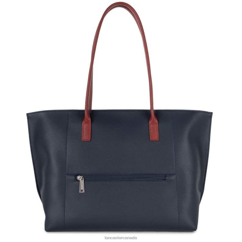 Women Large Tote Bag Maya New 4J6H697 Bag Bleu Fonce-Gris Chaud-Carmin Lancaster Paris